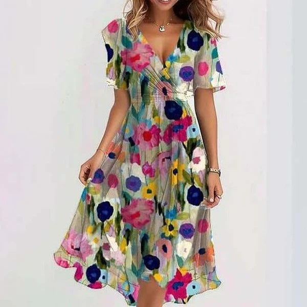 Woman showcasing a sophisticated floral wrap midi dress with flutter sleeves, ideal for elegant party wear.