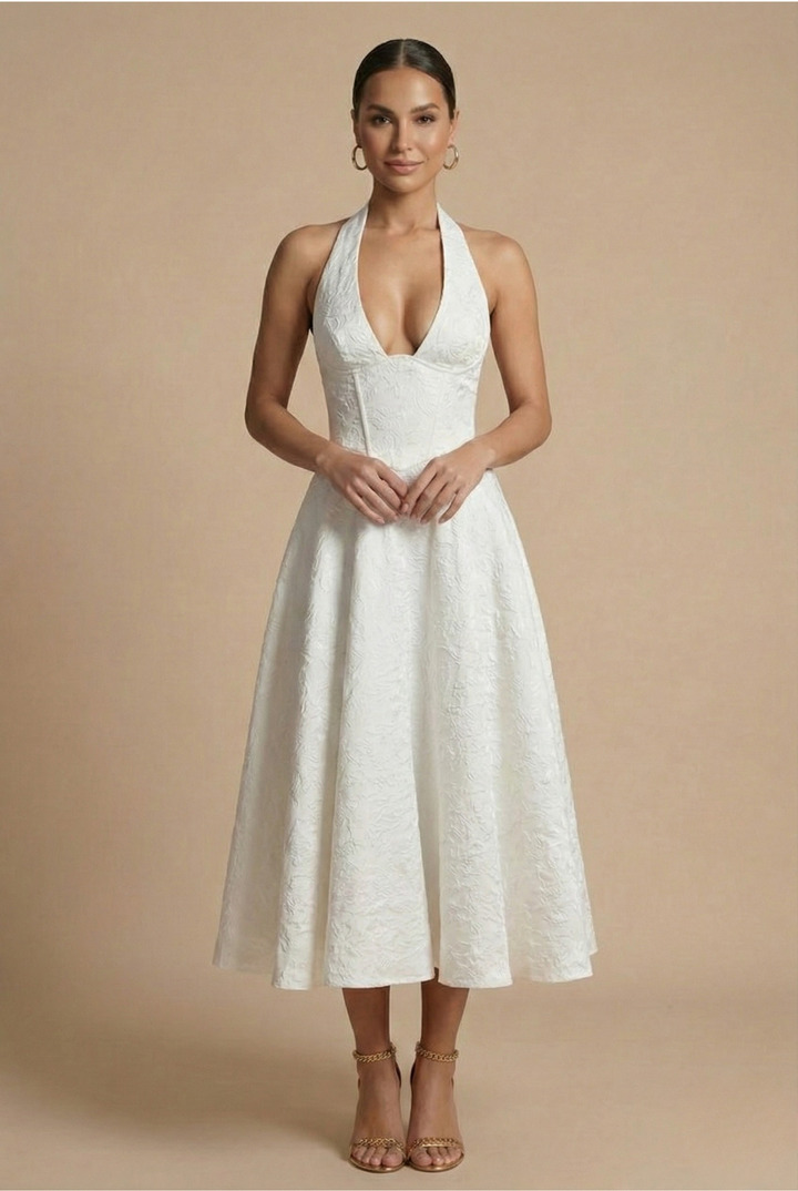 Gorgeous women's jacquard A-line midi dress, with a chic halter top and structured corset waist for occasion wear.