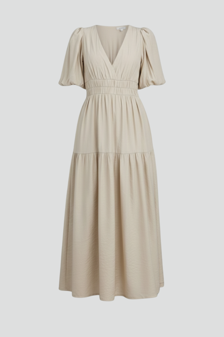 Women's elegant midi dress, V-neck, short sleeve, and a distinctive layered hem for versatile style.