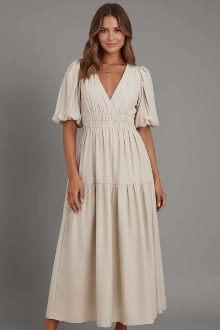 Fashionable women's V-neck midi dress with a chic layered hem. Perfect for summer casual or elegant wear.