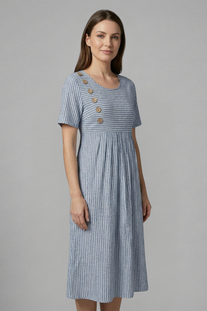 Front view of an elegant women's midi dress with V-neck, showcasing intricate button detailing. Casual or office.