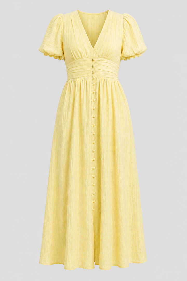 Women's elegant puff sleeve maxi dress, perfect for formal occasions or summer fashion. Flowy & vintage inspired.