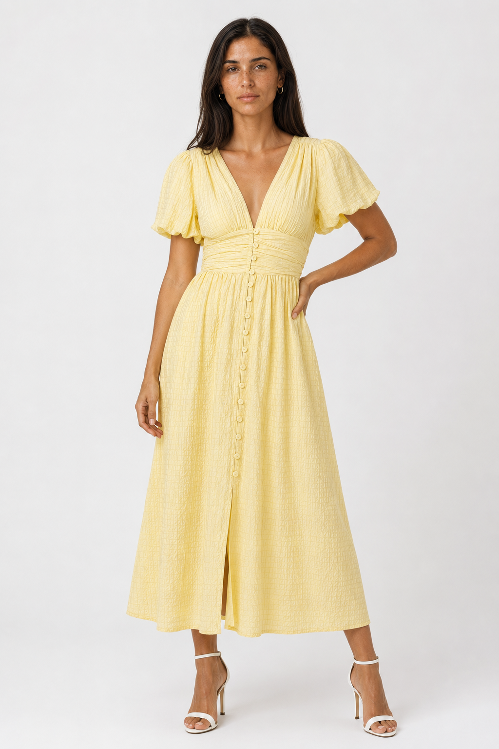 Elegant women's maxi dress with stylish puff sleeves, a vintage-inspired design for formal or casual wear.