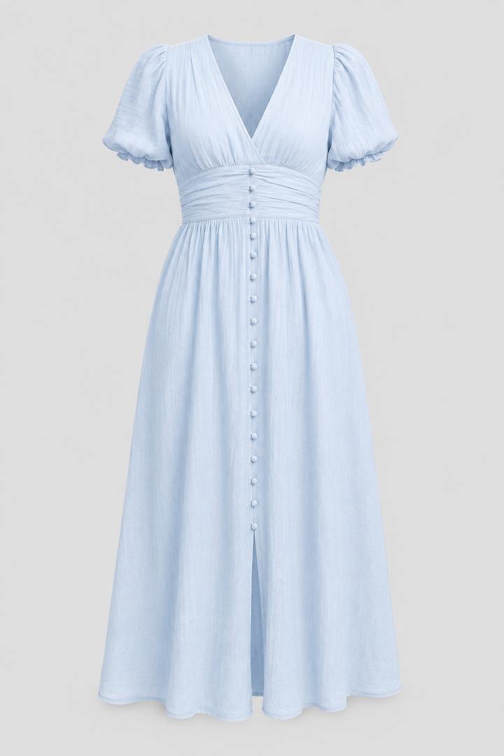 Formal women's elegant long dress with puff sleeves, ideal for occasion wear & sophisticated summer events.