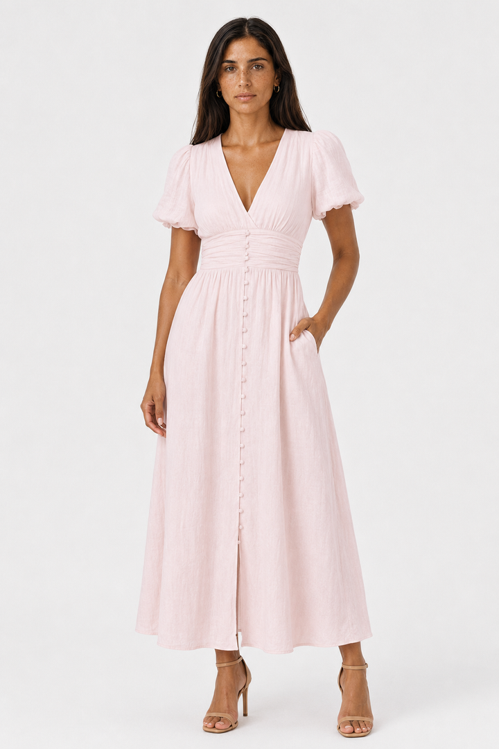 Ladies' elegant puff sleeve maxi dress, a versatile long formal or casual flowy dress for summer fashion.
