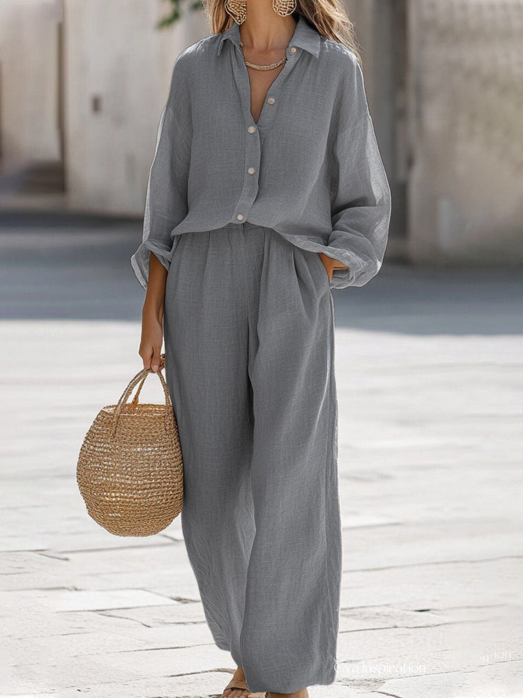 Women's stylish loose-fit blouse and pant set, great for casual summer fashion.