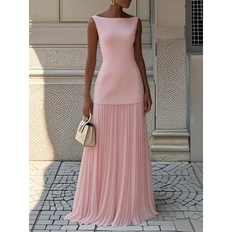 Sophisticated women's boat neck sleeveless maxi dress, pleated skirt, suitable for evening, formal or summer events.