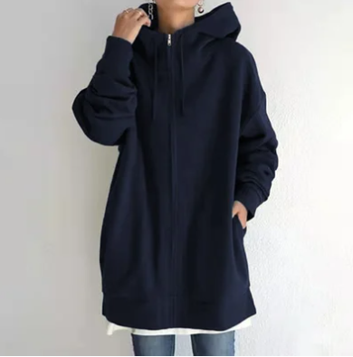 Stylish women's relaxed full zip hoodie. Perfect for layering, cozy winter style & fall fashion.