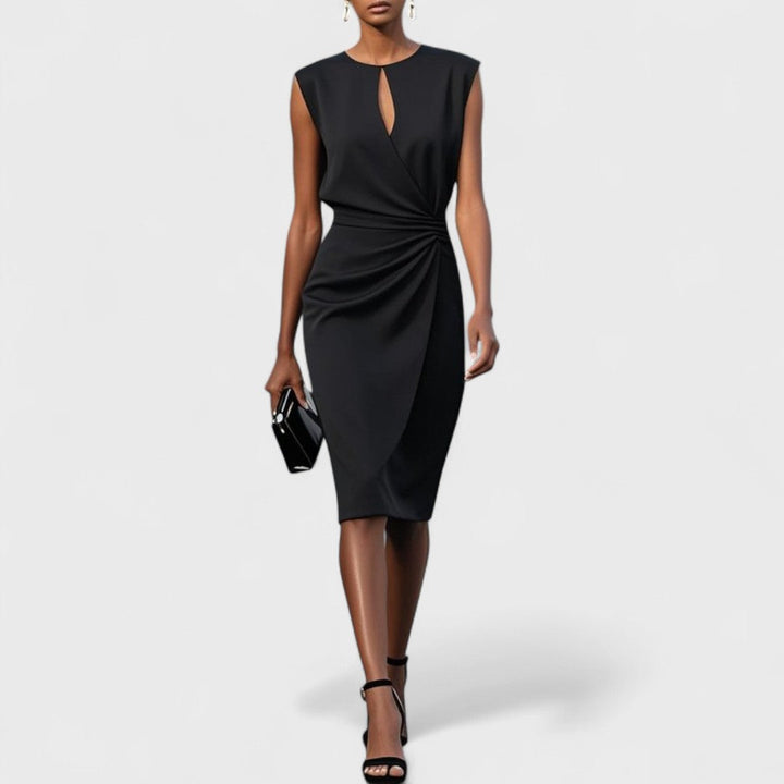 Versatile women's midi dress featuring a sophisticated fitted design and a fashionable side slit.