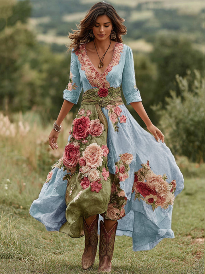 Bohemian floral midi dress for women, featuring a V-neck and stylish asymmetric hem. Ideal for parties.