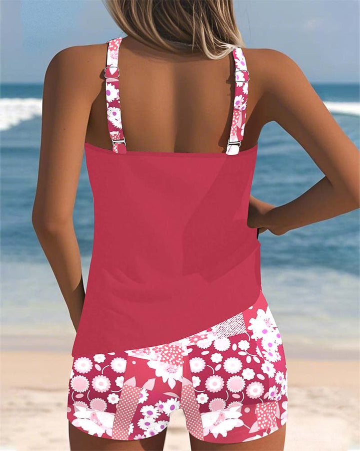 Stylish women's floral print racerback tankini top, part of a comfortable two-piece swimsuit set.
