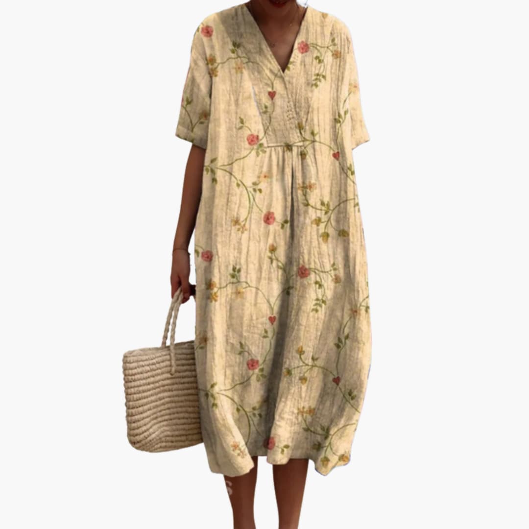 Eye-catching floral print oversized midi dress, V-neck, short sleeves for women, comfortable & stylish.