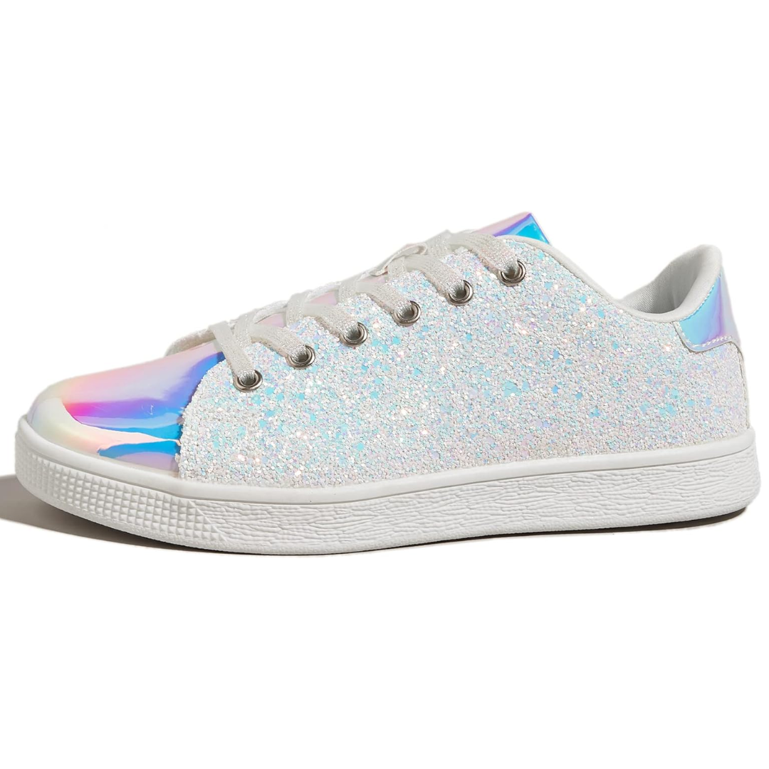 Comfortable interior of women's glitter lace-up fashion sneakers, designed for all-day wear.