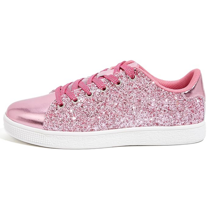 Trendy women's glitter lace-up fashion sneakers, showcasing modern athletic style casual footwear.