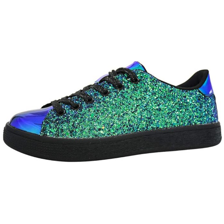 Stylish ladies' glitter lace-up sneakers, comfortable and fashionable for everyday casual wear.