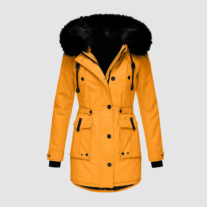 Fashionable women's insulated hooded winter parka, designed for warmth & style in cold climates.