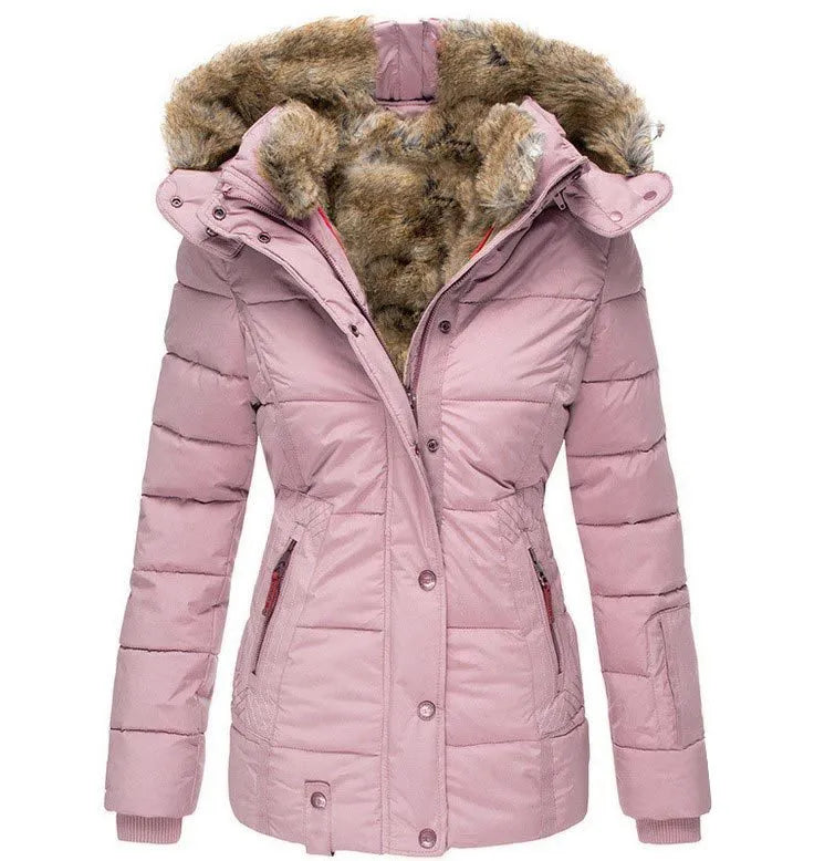 Premium women's insulated hooded winter jacket, designed for warmth and comfort in severe cold.