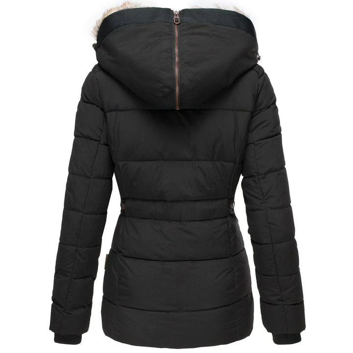 Stylish women's hooded winter jacket, insulated for warmth, ideal outerwear for cold weather.