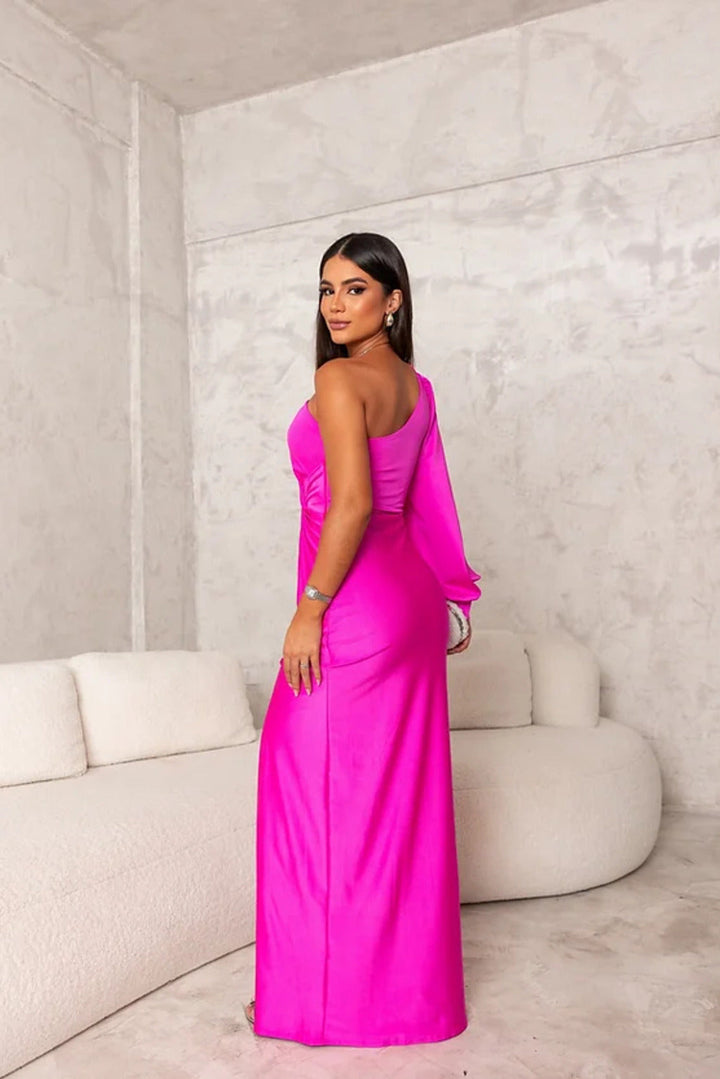 Women's one-shoulder twist maxi wedding guest dress. Elegant formal long evening gown.