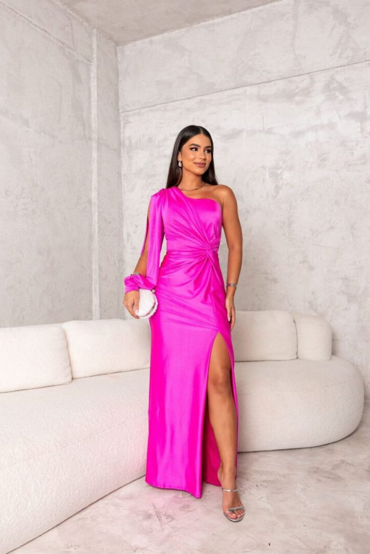 Women's one-shoulder twist front maxi dress. Elegant formal gown for special occasion & wedding guests.