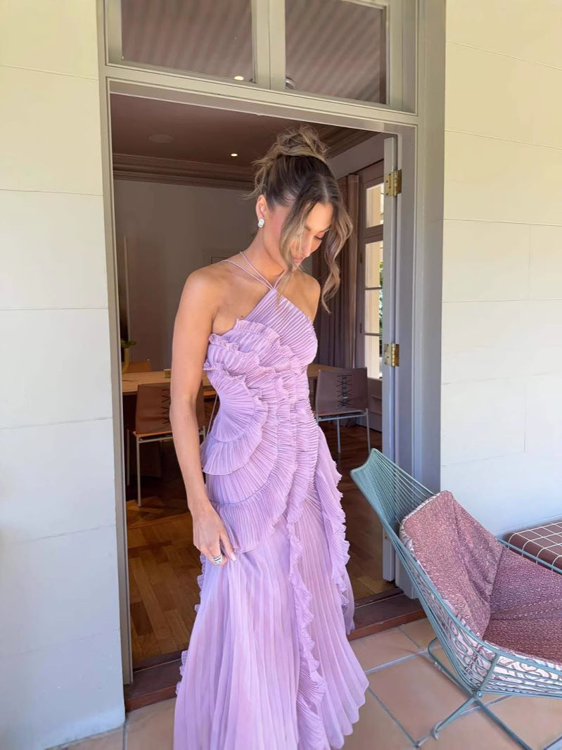 Stylish pleated ruffle halter dress for women. Lilac midi, perfect as a homecoming, wedding guest, or party dress.