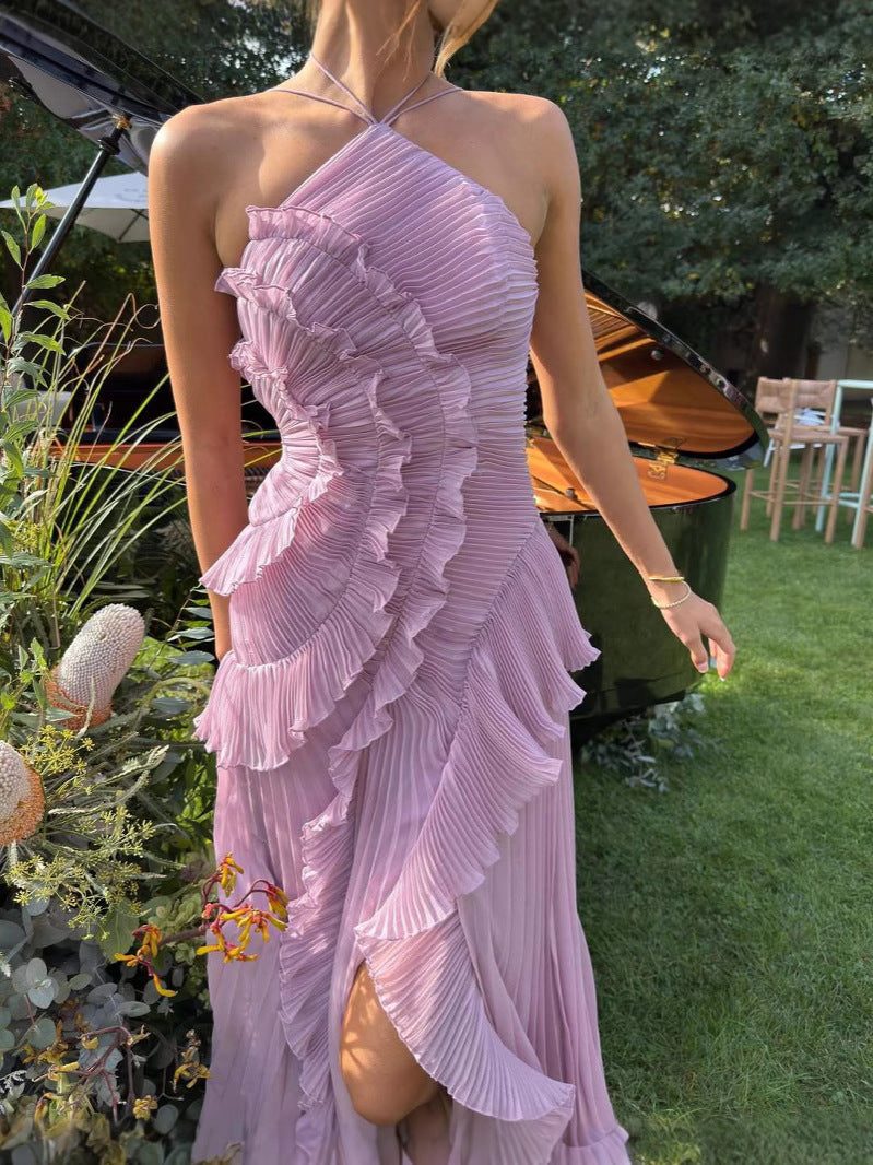 Versatile women's elegant pleated ruffle halter dress in lilac. A chic midi for homecoming, parties, or formal events.
