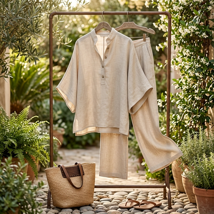 Close-up: Women's mandarin collar and kimono sleeve top, part of a matching two-piece resort wear set.