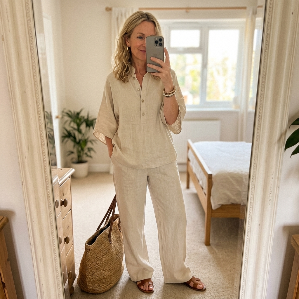 Full front view of women's elegant mandarin collar kimono sleeve top & wide leg pant matching set.