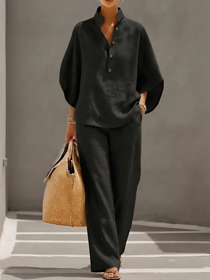 Relaxed women's matching set: mandarin collar top & wide leg pants, ideal for summer resort fashion.
