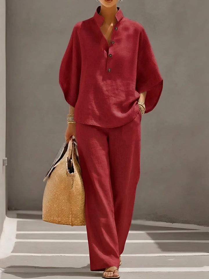 Lightweight women's kimono sleeve top & wide leg pant set, comfortable for warm weather.