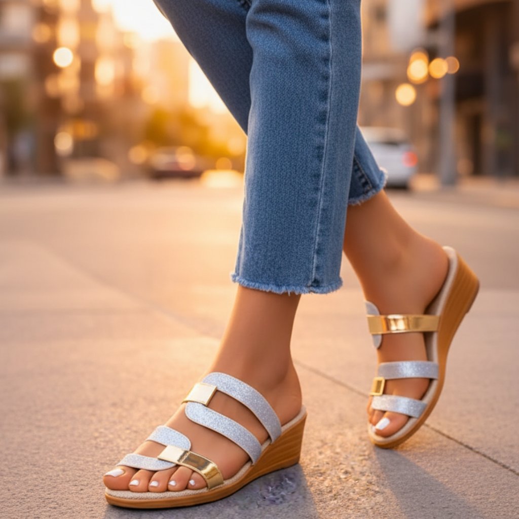 Stylish women's metallic strap platform wedge sandals, perfect summer vacation shoes with comfortable design.
