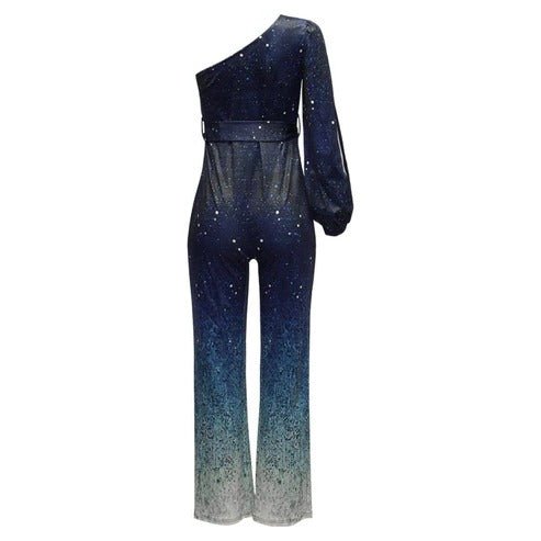 Elegant women's blue ombre one-shoulder disco jumpsuit with wide-leg silhouette. Stylish party & evening fashion.
