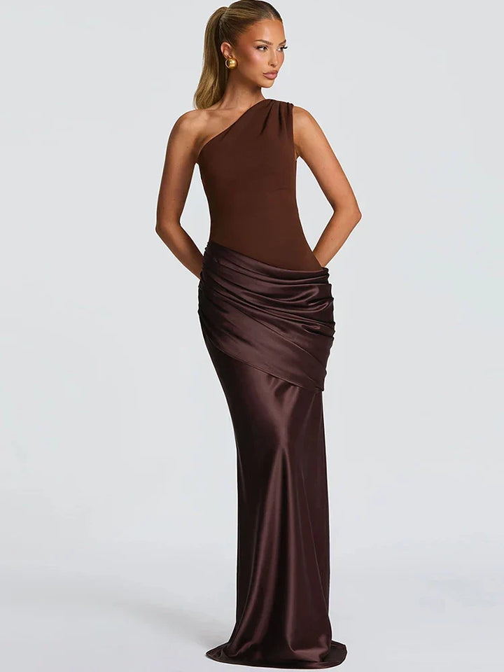Elegant women's one-shoulder maxi wedding guest dress, perfect for formal occasions and evening parties.
