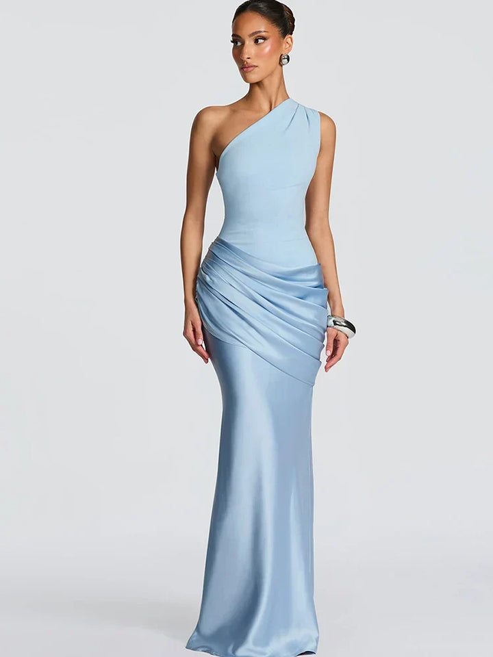 Stunning blue one-shoulder maxi dress for women, ideal as a wedding guest or formal evening gown.