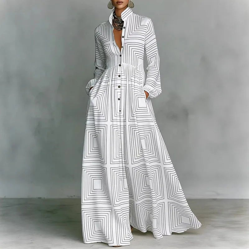 Women's printed bohemian maxi dress with long sleeves and a high waist, perfect for summer casual wear.