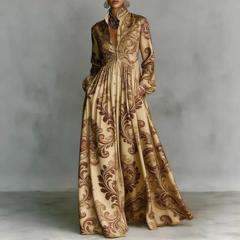 Elegant long sleeve maxi dress with a stand collar and button front, a women's printed bohemian style.