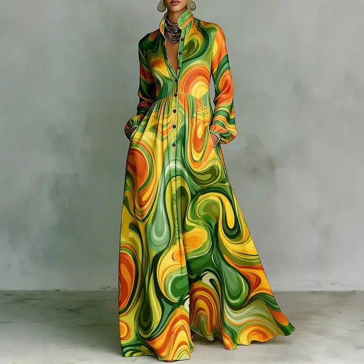 Casual women's high waist maxi dress, a printed bohemian design with long sleeves for spring/summer vacations.