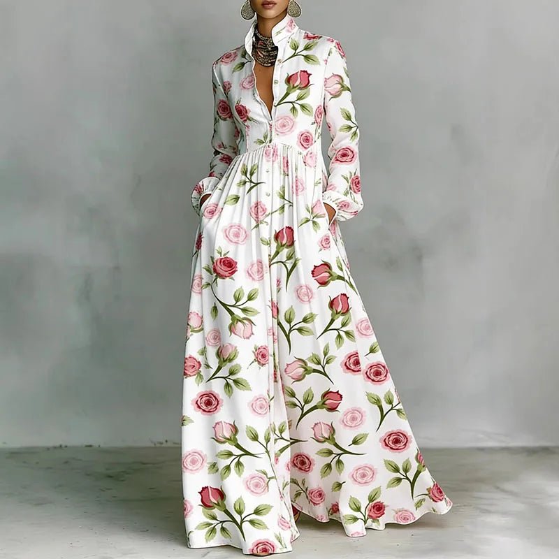 Summer vacation printed bohemian dress for women, long sleeve, high waist, and comfortable, casual fit.