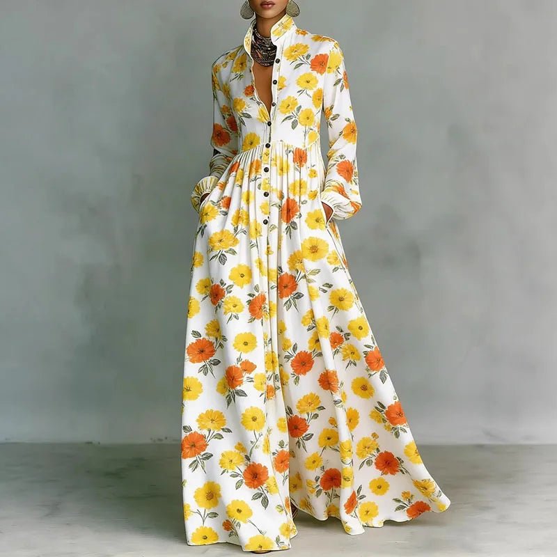 Spring printed high waist maxi dress for women, bohemian style, long sleeves and a flowy, comfortable design.