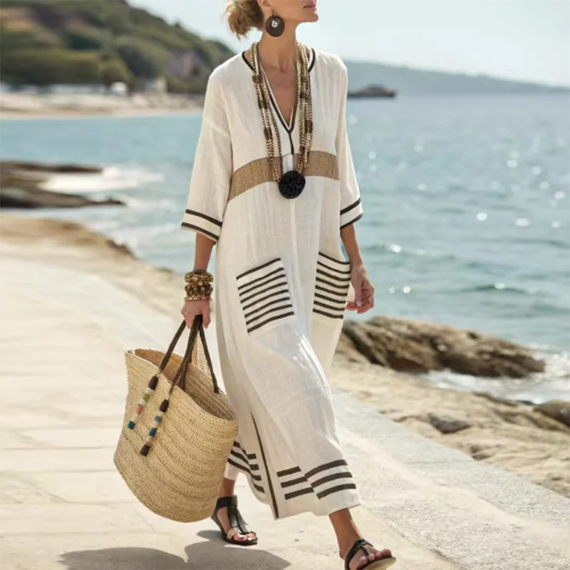 Santorini-inspired women's striped kaftan dress. Flowy summer long dress for beach, resort, or casual wear.