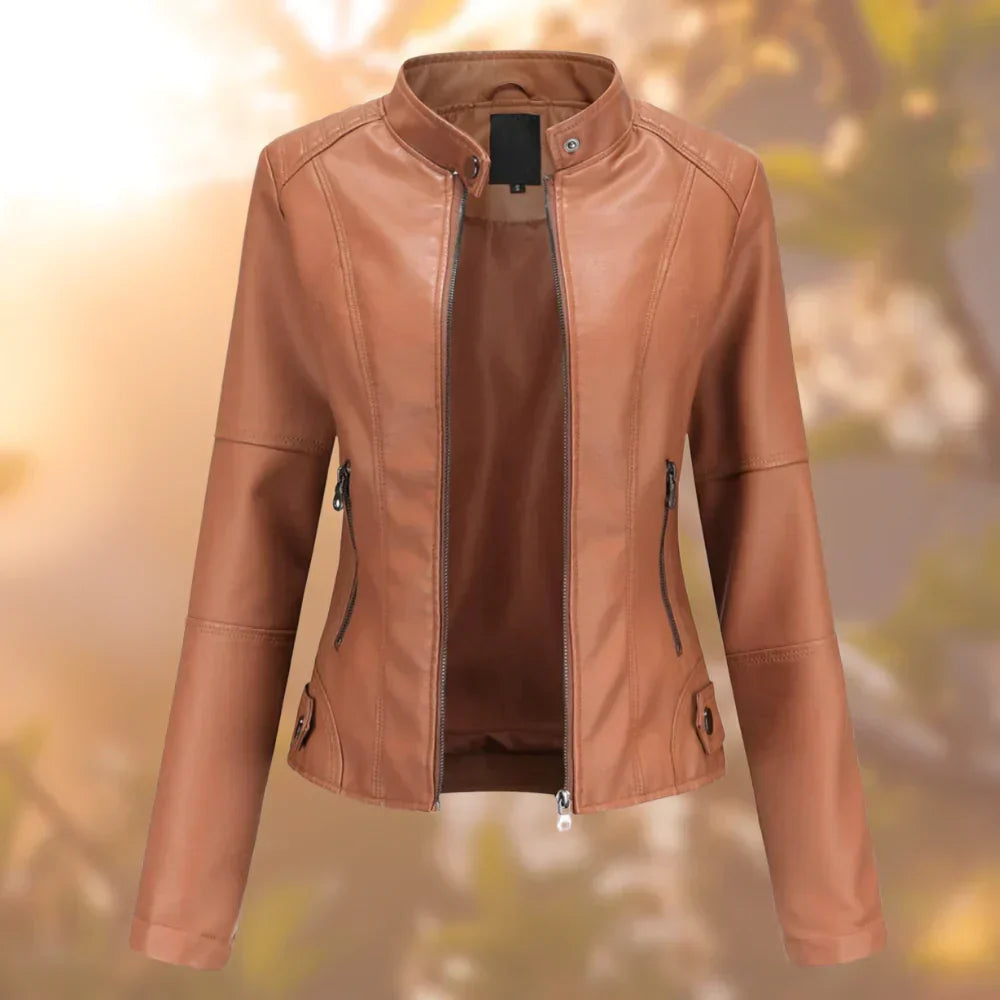 Edgy red women's biker jacket, a sleek fashion statement piece. Stylish and comfortable casual outerwear.