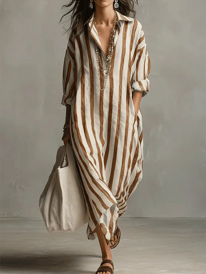 Comfortable women's long striped maxi shirt dress, perfect for casual outings, complete with pockets.