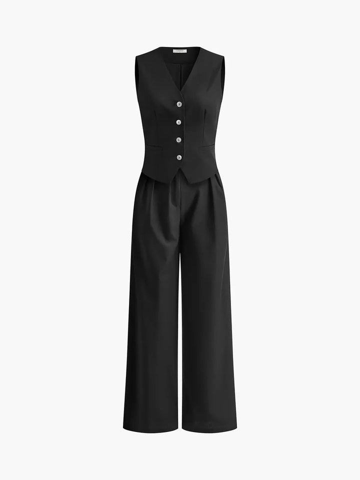 Modern women's tailored waistcoat and wide leg trouser set. A sophisticated two-piece for elegant office wear or chic events.