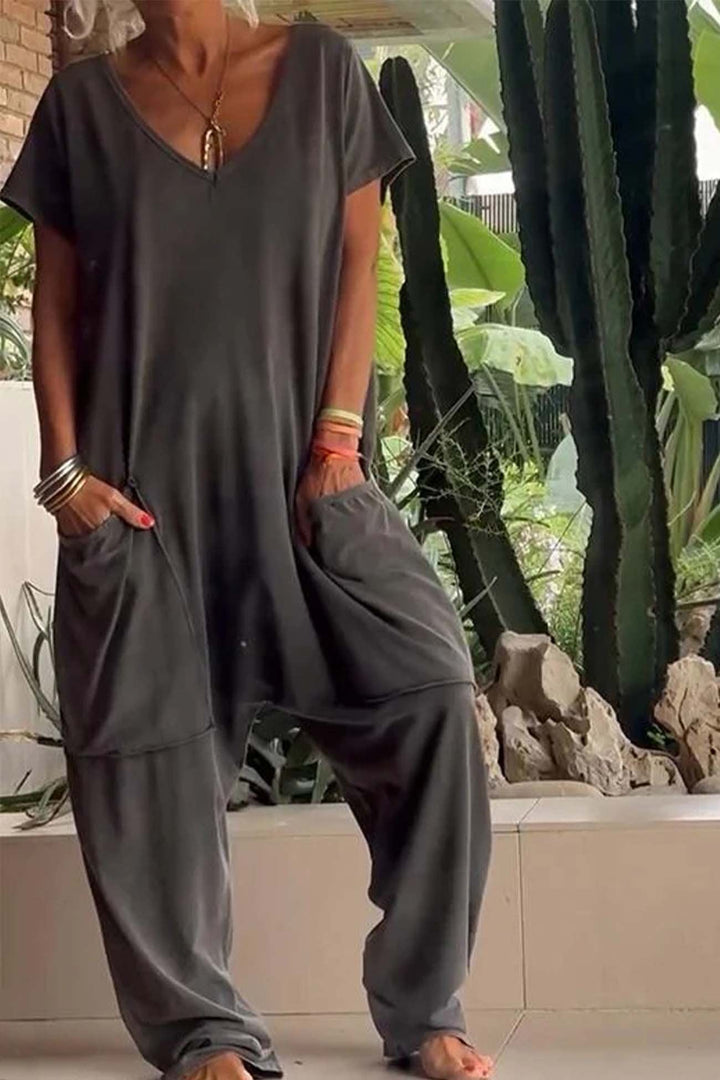 Comfortable women's relaxed fit V-neck jumpsuit, perfect for everyday wear, lounge, or travel.