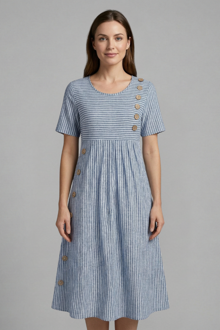 Elegant women's midi dress featuring a flattering V-neckline and decorative front buttons. Versatile ladies apparel.