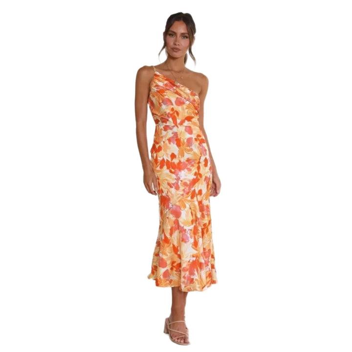 Stylish women's sleeveless floral midi dress, asymmetric hem, vibrant colors, perfect for summer.