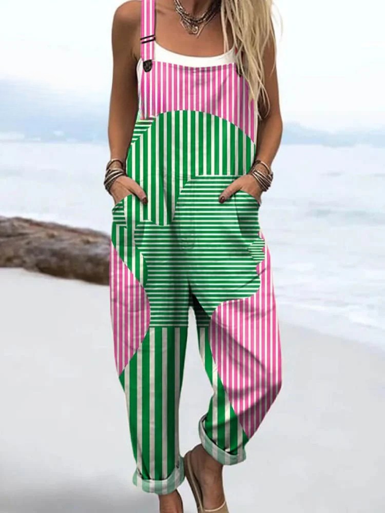 Women's vibrant geometric stripe sleeveless jumpsuit. Features a relaxed fit, bib pocket, and trendy summer style.