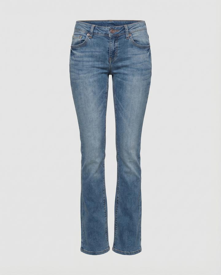 Comfortable women's low-rise flared jeans featuring a vintage style and casual flared leg.