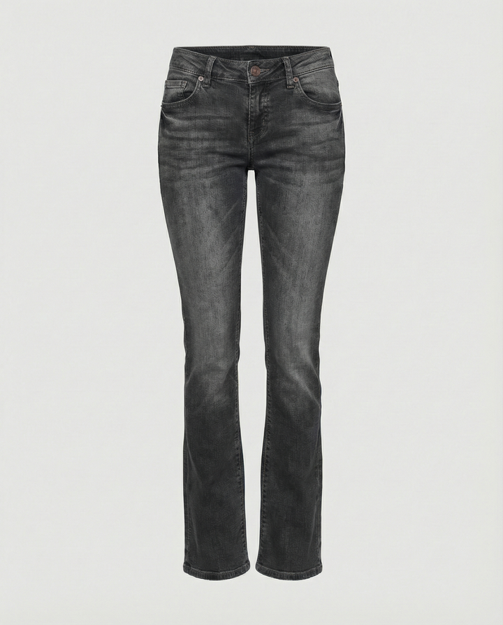 Casual flared leg women's jeans, low-rise, offering a fashionable retro vibe for women's apparel.