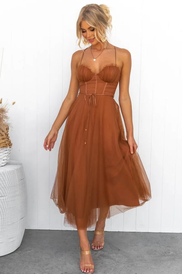 Women's elegant corset spaghetti strap midi dress, perfect for wedding guests, parties, or formal occasions.